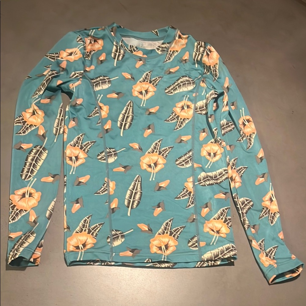 RVCA Teal and Orange Leaf Print Rash Guard